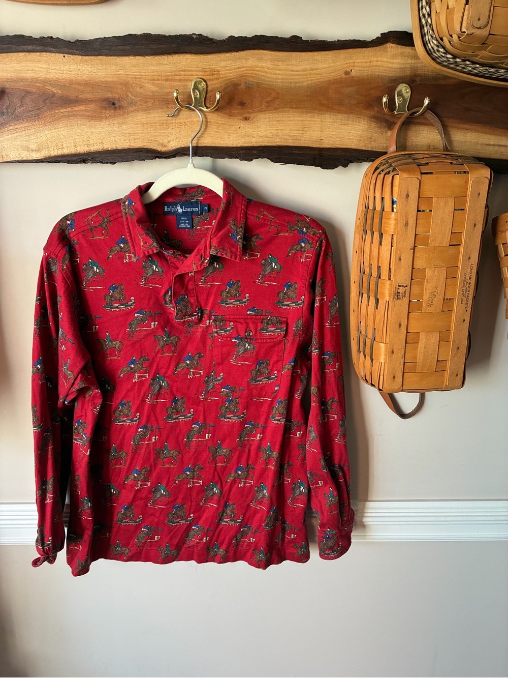 Ralph Lauren Red Long-Sleeve Polo Shirt with Equestrian Print Soft Cotton M